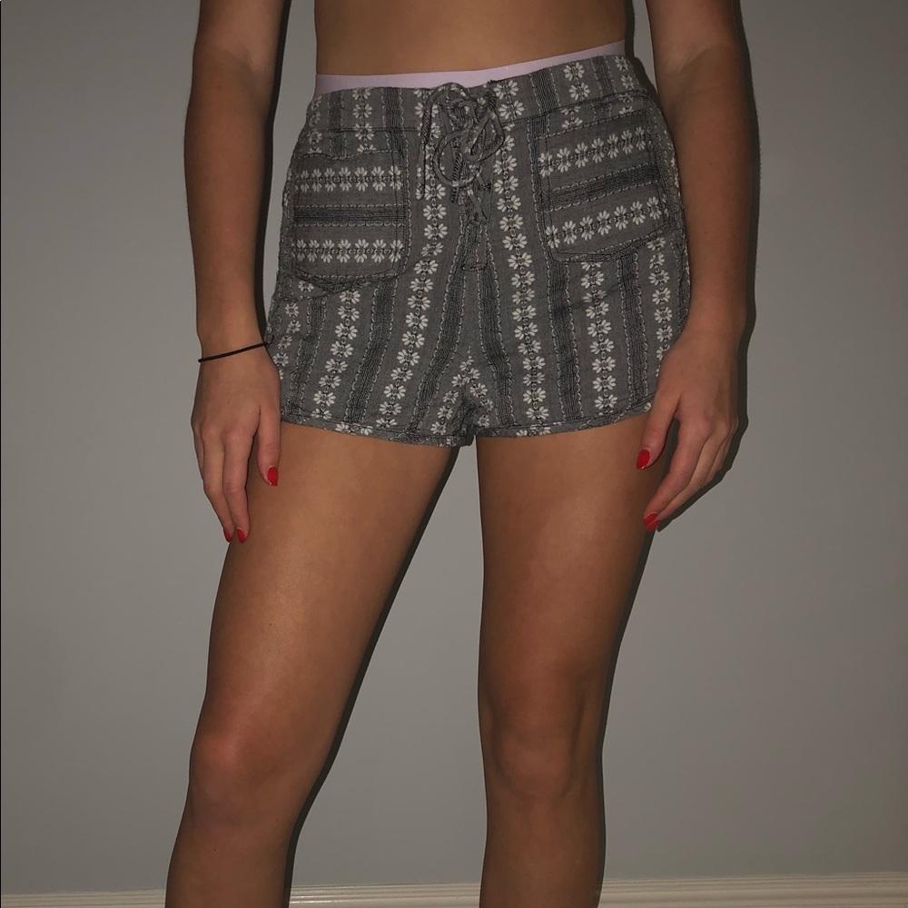 Grey Flower Printed Lace-Up Shorts